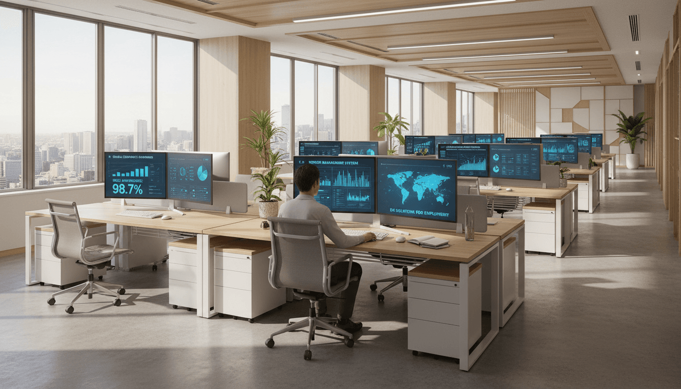 Professional workspace with compliance management systems on monitors