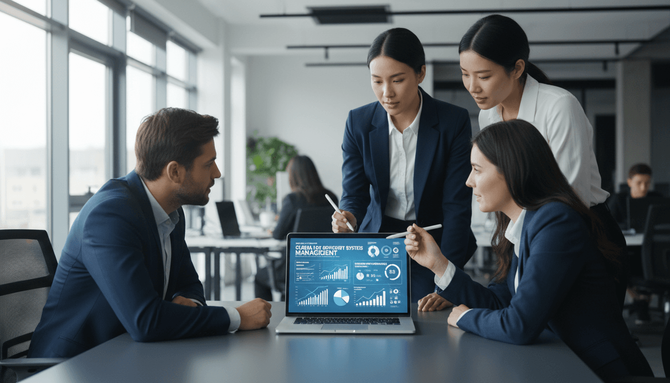 Team reviewing AI-driven risk diagnostic dashboard for foreign employment management system
