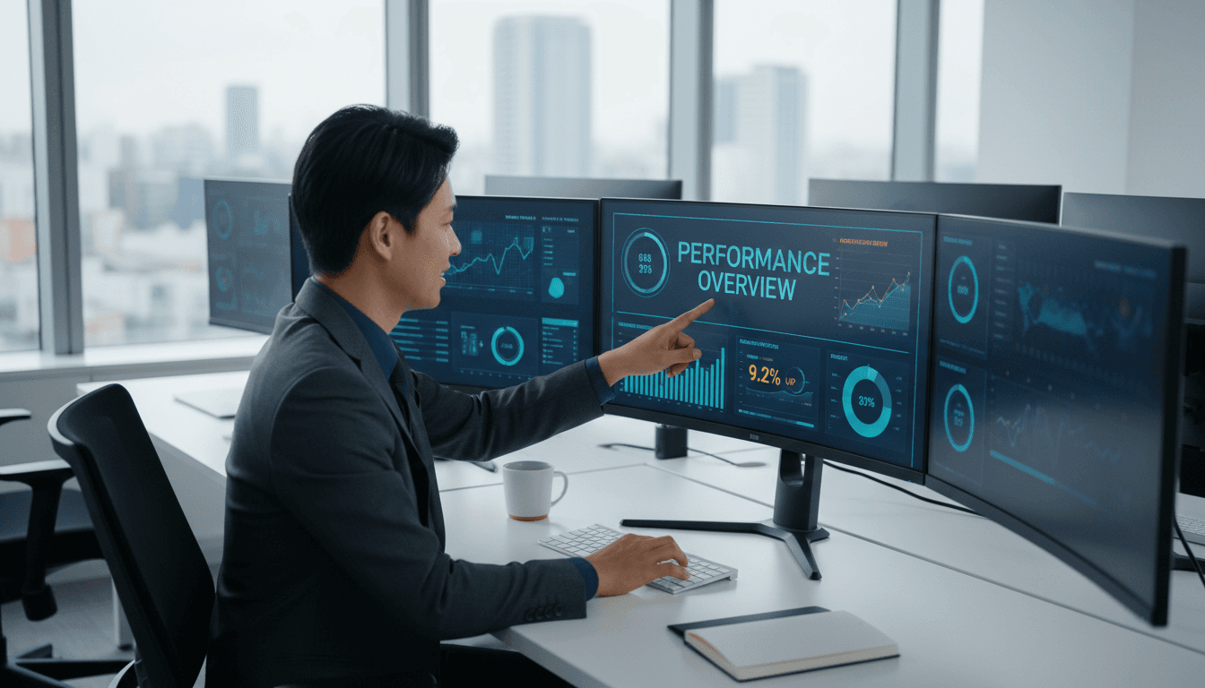Business professional reviewing AI analytics dashboard for foreign employment management compliance