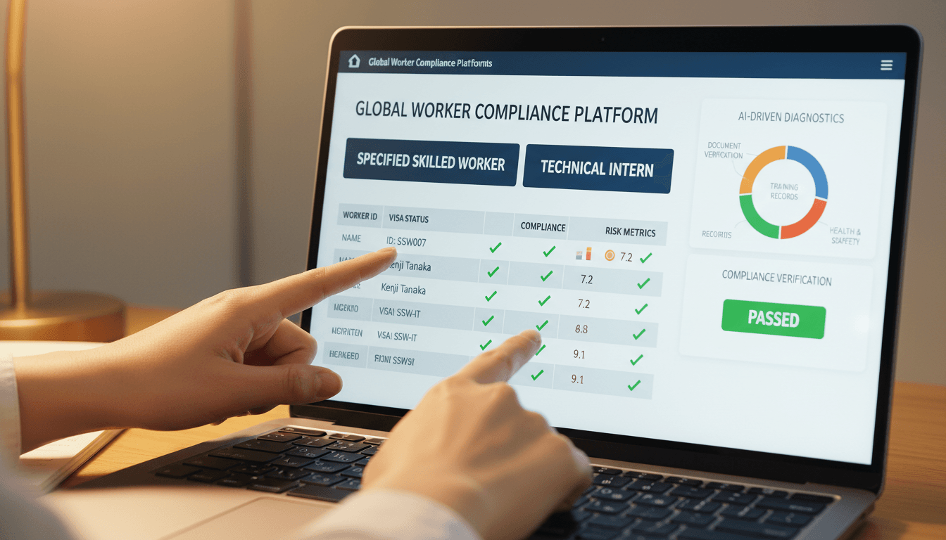 Hands pointing to worker compliance data on laptop screen