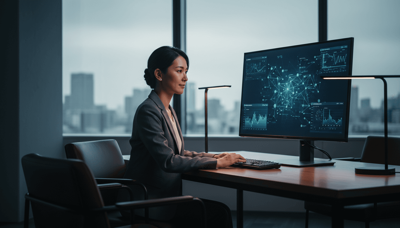 Professional reviewing digital transformation dashboards in a modern Osaka consulting office