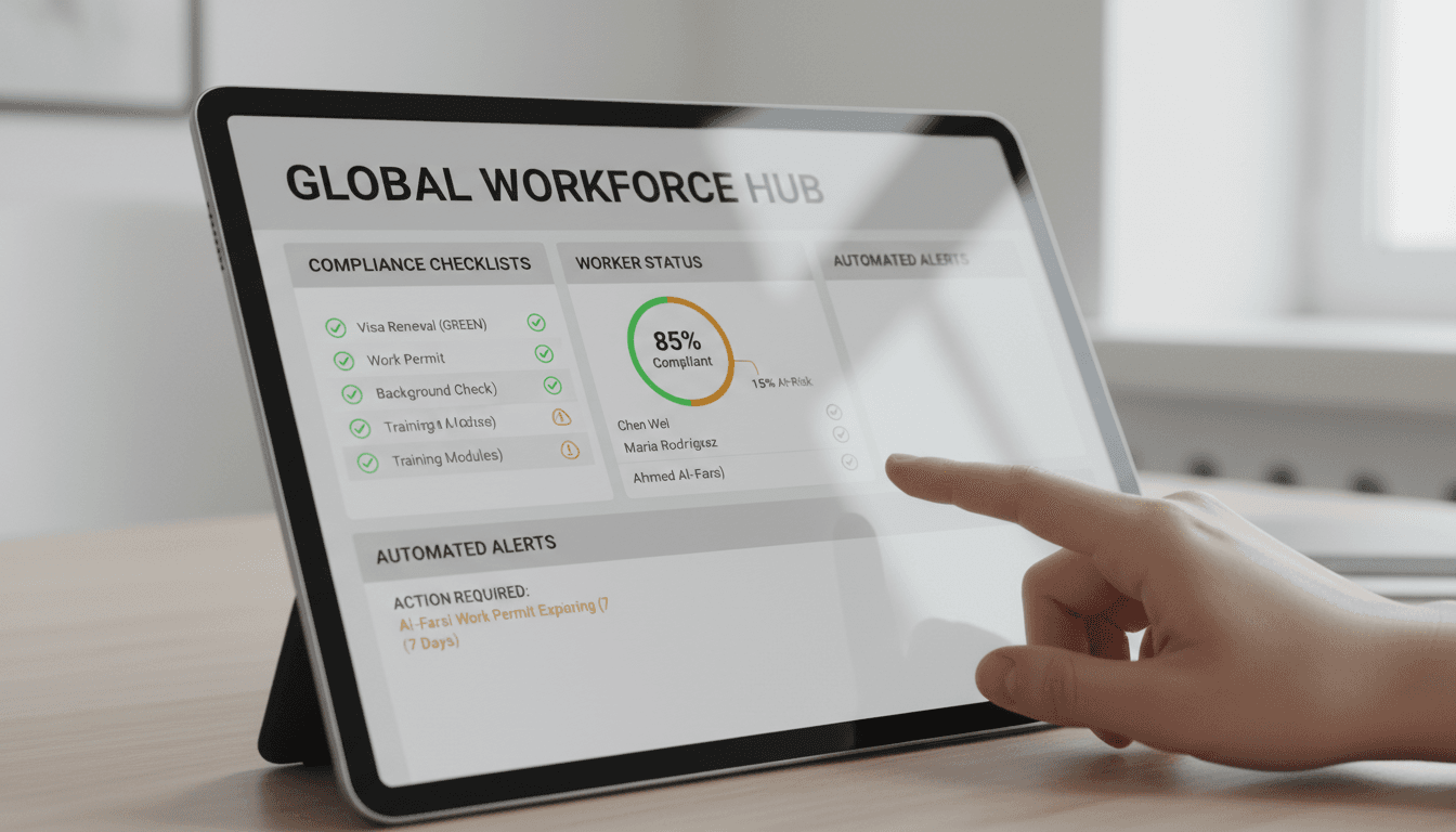 Digital system interface showing Specified Skilled Workers compliance tracking and risk alerts